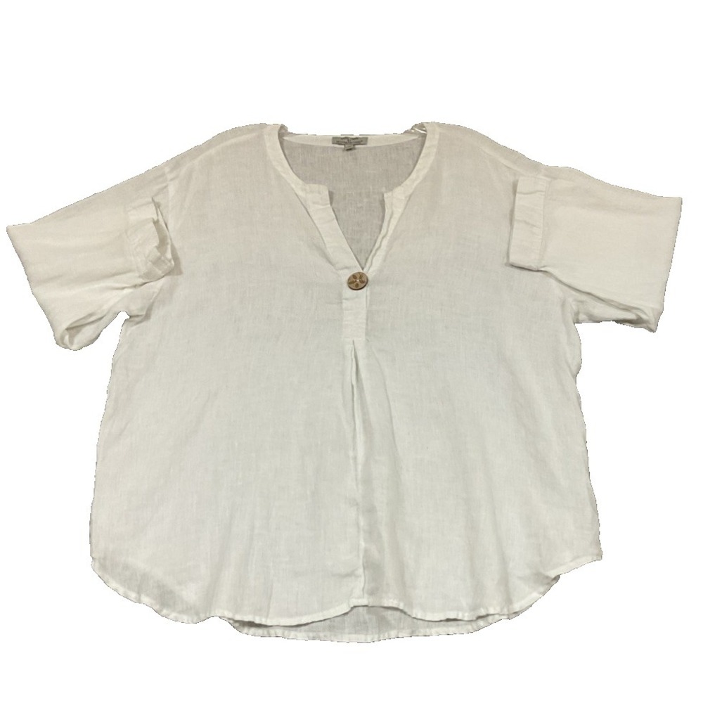 Hester & Orchard White Button Frt Shirt Sz L VNeck Boho 100% Linen Flowy Coastal